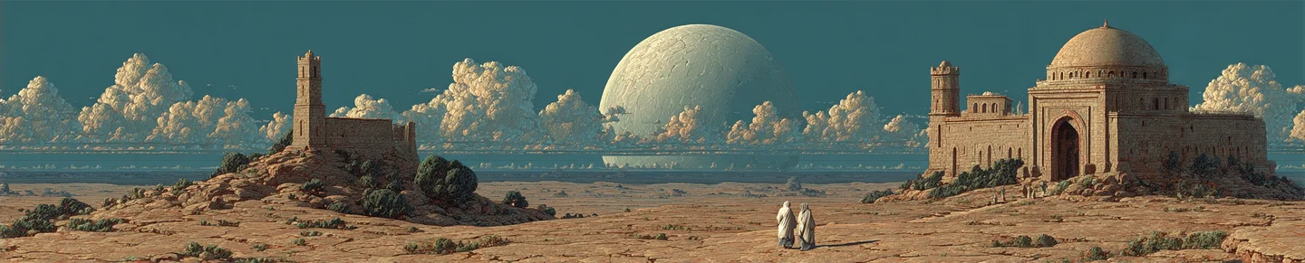 A surreal panoramic landscape with enormous floating orbs above ancient architecture, evoking recursive creation